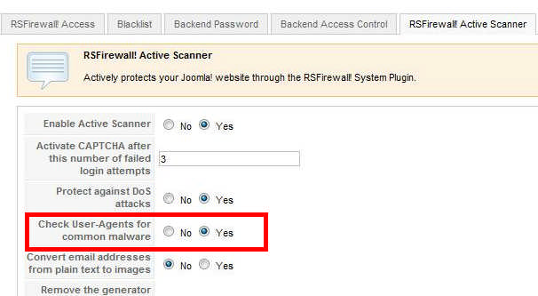 RSFirewall! - check user agents for common malware RSFirewall! user agent settings